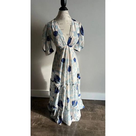 Almada Dresses & Skirts - Almada Womens Puff Sleeve Side Cutouts Floral Maxi Dress Blue White Sz Small
